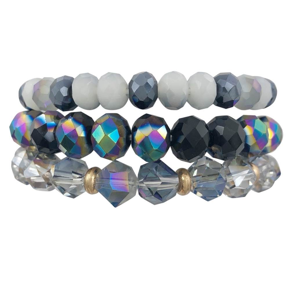 3 Row Black White Grey Multicolor Glass Layered Beaded Stretch Bracelet Set